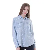 Manufactory wholesale star print denim classic long sleeve shirt women image with two pockets