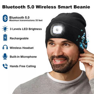 Casquettes et chapeaux de crâne chauds multi-usages pour sports d'hiver avec lampe <span class=keywords><strong>frontale</strong></span> à LED Bluetooth 5.0 Bonnets de musique tricotés sans fil pour hommes femmes - Product Image 4