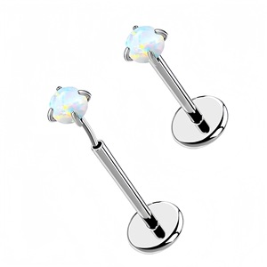 Boucles d'oreilles clous en acier titane et opale, sertissage à griffes, couleur argent, pour cartilage d'oreille, bijou de nez, accessoire de piercing - Product Image 4