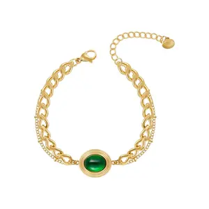 Cuban Chain Oval GreenGlass Stone Pendant Latest 18K Gold Plated Stainless Steel Jewelry For Women Accessories Bracelet B232353