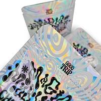 Sachet holographique en Mylar imprimé sur mesure, pochette à fermeture éclair autoportante, emballage irisé en feuille métallisée pour chocolats, bonbons, snacks et aliments pour animaux de compagnie