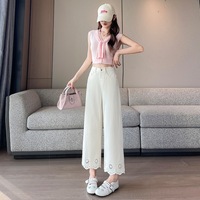 Celana Jeans Denim Crop Berenda Bordir Hollow-out Wanita Musim Gugur Awal Model Terbaru Modis Serbaguna Longgar Kaki Lurus Tinggi