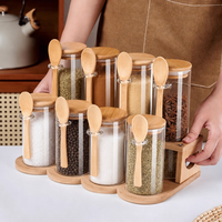 Ensemble de pots à épices en verre en bambou naturel écologique avec support à plusieurs niveaux, couvercle et cuillère, conteneur à condiments et assaisonnements pour cuisine