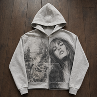 Hoodie Pria Custom Full Zip Heather Gray dengan Cetakan Potret Kolase, Premium Oversized Streetwear, Produsen Label Pribadi