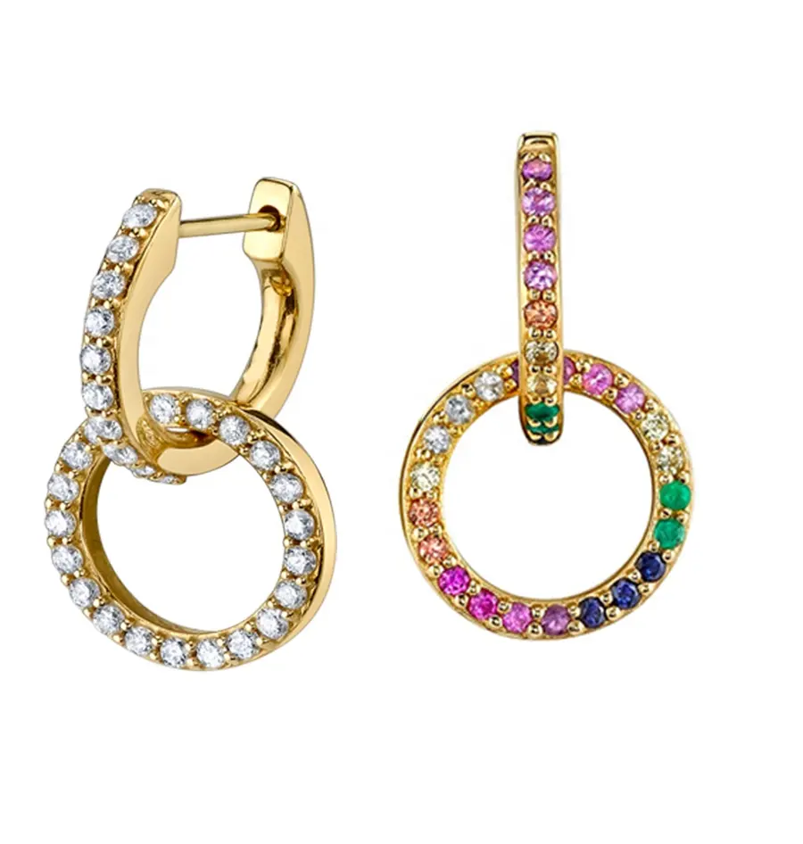 18k Yellow Gold Rainbow Double Hoop Earring 925 Sterling Silver Fashion Earrings for Women Jewelry Accessories White CZ