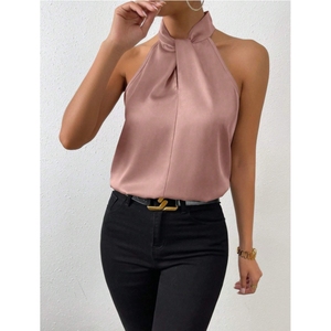 Chaleco de satén sin mangas para mujer con cuello halter, top de seda sintética, camiseta con estampado digital a la moda - Product Image 2