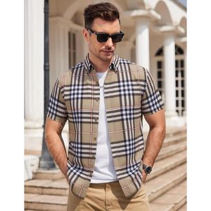 Custom Mens Plaid Button <b>Down</b> Shirt Short Sleeve Casual Wear Anti Wrinkle Polyester Poplin - Product Image 3