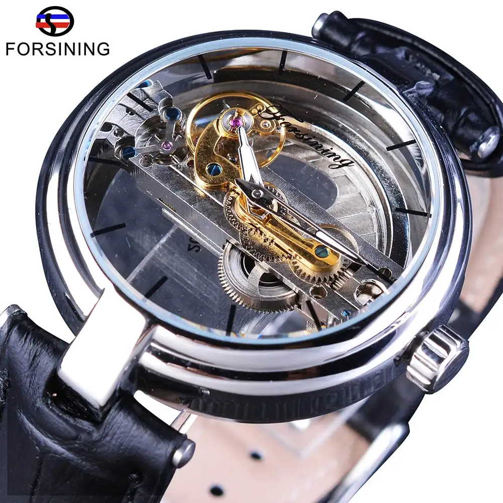 Forsining Brown Leather Belt Golden Bezel Transparent Case Steampunk Double Sided Hollow Men Automatic Watches Top Brand Luxury