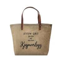 Sac fourre-tout en toile de jute laminée avec logo personnalisé, réutilisable, en lin naturel, avec poignées en cuir, taille moyenne, pour le shopping