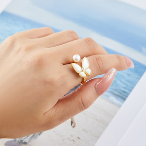 Butterfly Shell Pearl Open <b>Ring</b> <b>Adjustable</b> Fashion Jewelry Gift - Product Image 2