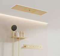 Robinet thermostatique monocommande contemporain en laiton brossé pour salle de bain, avec jet de pluie doux et fonction pause, en céramique dorée, à montage mural