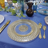 Assiettes de présentation en verre transparent doré de 13 pouces à motif floral pour décoration de mariage, aménagement de table, location événementielle, hôtels et usage domestique