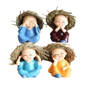 Straw Hat Four Little Monks Resin Figurine Car Interior Decoration Cute Buddha Ornament Gift Set - Product Image 2
