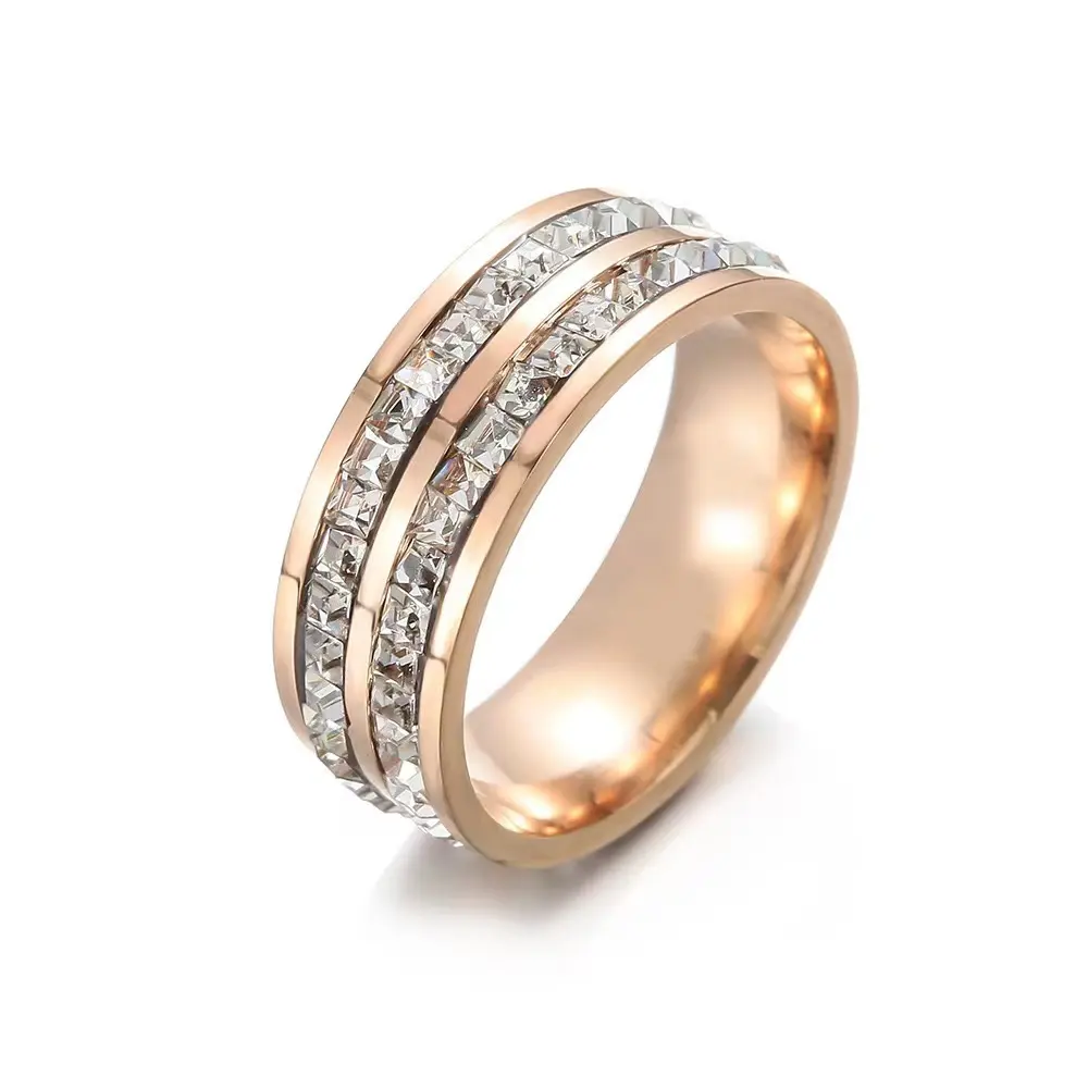 Simple Romantic Full Diamond Titanium Steel Ring Double Row Square Diamond New Luxury Rose Gold Women South Korean