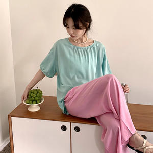 Pijamas de algodón y seda para <span class=keywords><strong>mujer</strong></span>, <span class=keywords><strong>conjunto</strong></span> de pantalones largos de manga corta, transpirables, cómodos, estilo fino, talla grande - Product Image 1