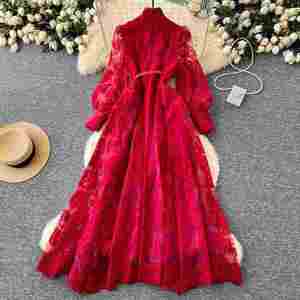 Vestido Midi Casual de Mujer con Manga Linterna y Corte A, Estilo Túnica Romana Tejida Sólida Transpirable de Malla Ecológica, Colección Primavera 2025 - Product Image 3