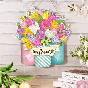 New cross-border <b>spring</b> wooden flower hanging tag for front door, home use, farmhouse, wall, porch <b>decoration</b>, craft pendant - Product Image 1