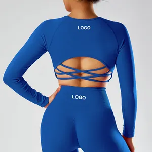 Women's Sportswear Gym Clothing Activewear Sexy Crossover Back Workout Top Women Long Sleeve Crop Top Yoga Fitness Top For Women