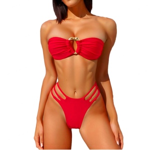 Conjunto de Bikini Bandeau Hecho a Mano para Mujer, Diseño Floral y a Rayas, Doble Forro, Tela Sin Costuras, Diseño sin Tirantes, con Cordón Ajustable - Product Image 1