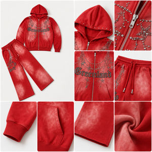 Ensemble de survêtement vintage OEM pour <span class=keywords><strong>homme</strong></span>, avec sweat à capuche zippé oversize et pantalon de survêtement <span class=keywords><strong>large</strong></span>, imprimé strass délavé - Product Image 3