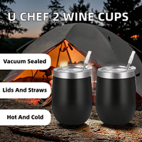 U Chef Classic Gobelets à vin isothermes à double paroi en acier inoxydable 12oz avec couvercles et pailles pour enfants et camping (Noir)