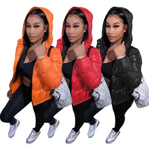 Wholesale croptop jackets women hood-2021 Fashionable Winter Cropped Bubble Coat Hooded Plus size Puffer Clothes Solid Casual Shiny Bomber Jacket Coats for women