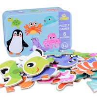 Jouet de puzzle en bois Montessori 5 motifs 6-en-1 Jeu de société animalier pour enfants Boîte en métal Fer Jouets éducatifs précoces Montessori pour enfants