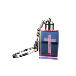Wholesale Custom Religious Logo Cross 3D Laser Engraved LED Key Ring Crystal Glass Key Chain for Religious Gifts