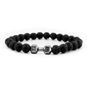 Cadeau Sieraden Mannen Natural Black Vulkanische Lava Steen Elastische Gym Armband Zilver Goud Dumbbell Kralen Armband