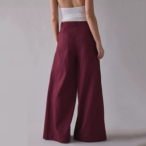 Women Custom Burgundy Wide Leg Suit Pants Textured Pleated Trousers with Gold <strong>Studs</strong> - Product Image 4