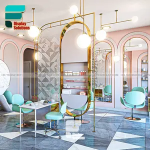 简单的高级复杂绿色和粉红色美容店指甲油展示地板支架双面发廊挂镜