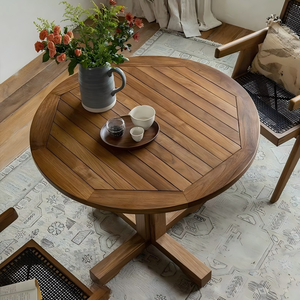 Mesa de Comedor de Teca Estilo Wabi-Sabi Retro, Madera Maciza con Acabado Desgastado, con Sistema de Encaje Mortise y Tenon, para Apartamentos Pequeños, Muebles para Comedor - Product Image 4