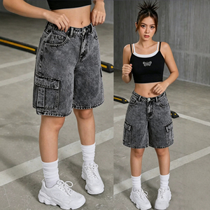 Shorts <span class=keywords><strong>Bermuda</strong></span> en Jean Cargo Noir Gris Délavé Minimaliste pour Adolescentes, Taille Mi-Haute, Multi-Poches, Personnalisable ODM OEM - Product Image 1