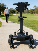 Chariot de golf électrique fiable BETETEK, construction en alliage d'aluminium et lithium, vitesse de 7 km/h, autonomie de 45 km, pour les terrains de golf.