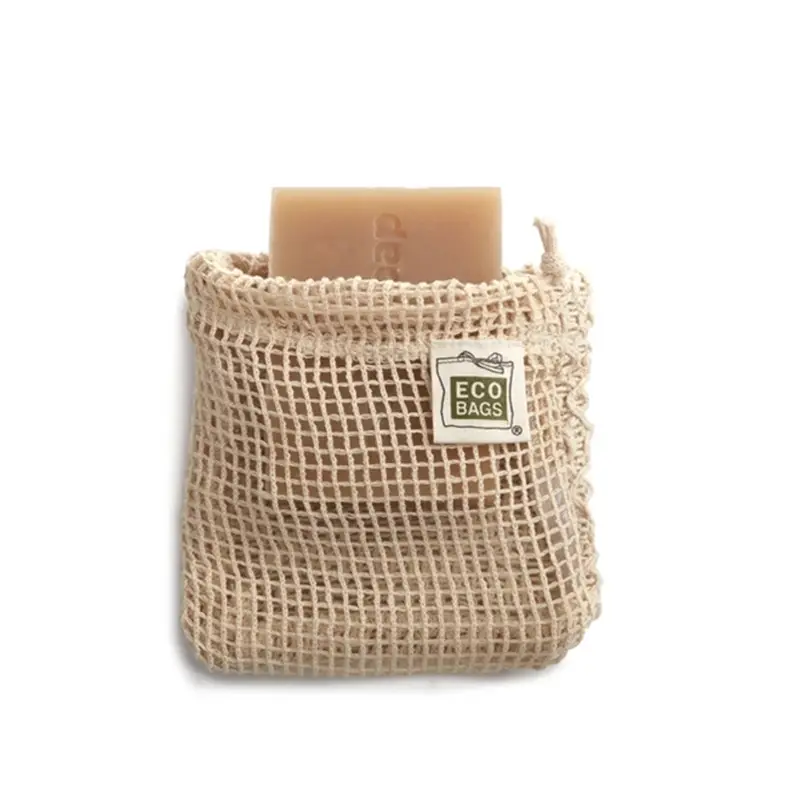 % Logo etiketi doğal küçük organik peeling koruyucu Net sabun pamuk örgü ile özel büzme ipli kese çanta