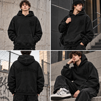 Sweat à capuche noir personnalisé avec strass pour homme, 380 GSM, coupe ample et oversize, effet délavé et vieilli, OEM, faible MOQ