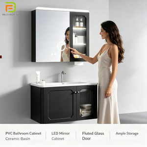 Mueble de <span class=keywords><strong>Baño</strong></span> de PVC para Montar en la Pared, con Lavabo de Cerámica Integrado, Espejo con Luz LED Antivaho, para Proyectos de Hoteles y Apartamentos - Product Image 1