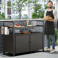 Table de bar mobile d'extérieur en osier résistante aux intempéries, chariot de jardin, meuble d'appoint avec roues verrouillables