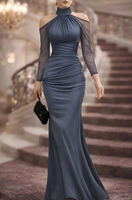 Robe de soirée sirène à col halter et épaules dénudées avec empiècements en maille transparente, froncée, moulante, longueur ras du sol, pour mariage