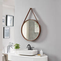 Miroir mural rond rustique avec sangle en cuir amovible, écologique, facile à installer pour le maquillage, la décoration du salon et de la salle de bain
