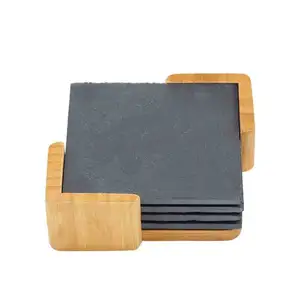 Factory Wholesale Slate Dinnerware Cut Mat Custom Logo Square Bamboo Wood Coaster Set