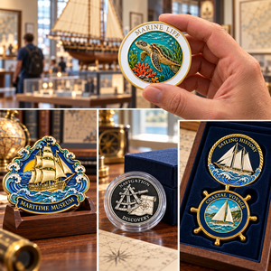 Pièces de monnaie commémoratives personnalisées pour musées maritimes avec motifs de voilier, phare, tortue et boussole rotative pour cadeaux souvenirs OEM ODM - Product Image 2