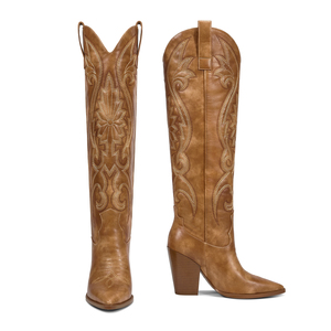 WETKISS <span class=keywords><strong>Bottes</strong></span> longues à talons épais et bon marché pour femmes <span class=keywords><strong>Bottes</strong></span> de cowgirl brodées au dessus du genou <span class=keywords><strong>Bottes</strong></span> de <span class=keywords><strong>cowboy</strong></span> <span class=keywords><strong>marron</strong></span> occidental - Product Image 4