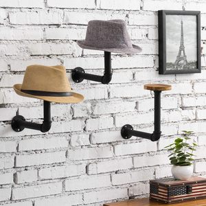 Soporte para sombrero montado en la pared con tubo de metal negro realista y madera marrón, ganchos colgantes para sombrero de entrada y soporte para peluca - Product Image 5