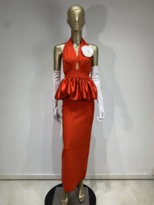 Seksi derin V boyun Halter Mermaid abiye uzun tren Peplum kırmızı uzun balo elbise ile 3D çiçek Vestidos - Product Image 2