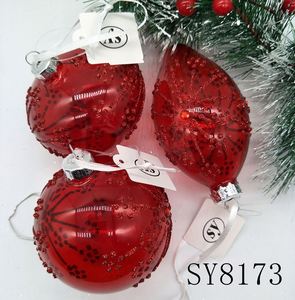 SY Brand Christmas Tree Ornament 80mm <b>Red</b> Transparent Hand-painted Double Tip Onion Glass Ball Craft <b>Glitter</b> Snowflake Pattern - Product Image 4
