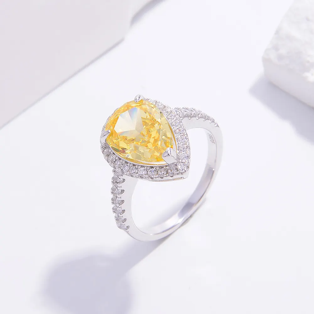 แหวนหมั้น925สุดคลาสสิกรูปลูกแพร์ทำจากเงินแท้สำหรับผู้หญิงทำจากคาร์บอนสีเหลืองชมพู