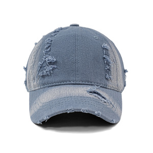 Casquette de baseball en jean délavé style vintage, unisexe, avec trous déchirés et bords effilochés, casquette ajustable en coton - Product Image 1