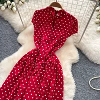 Robe rétro rouge à pois à manches courtes pour femme, taille haute, coupe trapèze, tenue décontractée d'été, vente en gros personnalisable