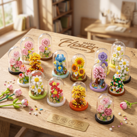 Jouet de construction de fleurs HTL DIY avec couvercle anti-poussière en acrylique, mini collection botanique, ornements de bureau pour la décoration de la maison, cadeau